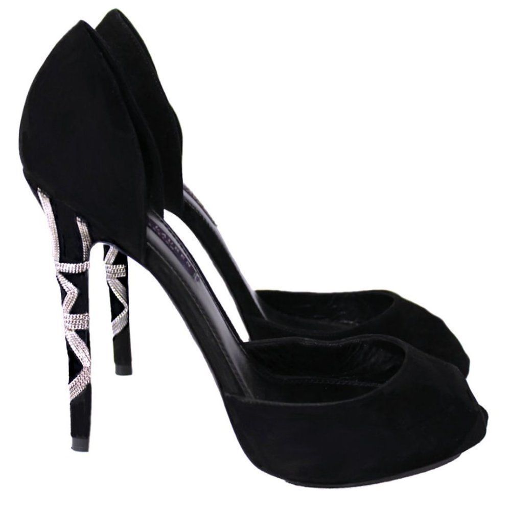 RALPH LAUREN PURPLE LABEL Suede Peep Toe Stilettos w/Silver Metal Chain